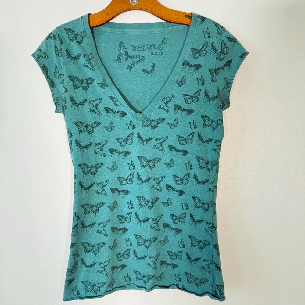 Y2K Aritzia Talula Low V Butterfly Print Tee Shirt Cap Sleeve Green Fairy M